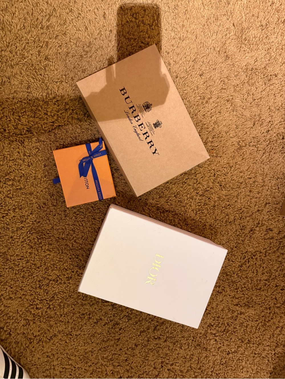 EMPTY Burberry box; Dior shoe box; Louis Vuitton box